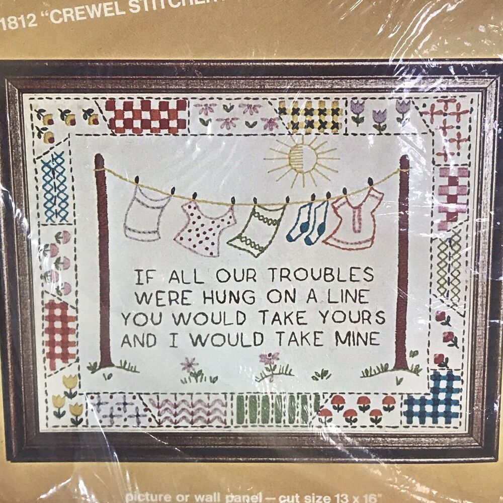 Vintage Bucilla Crewel Stitchery Sampler Kit 1812 Laundry Line Needlecraft NOS